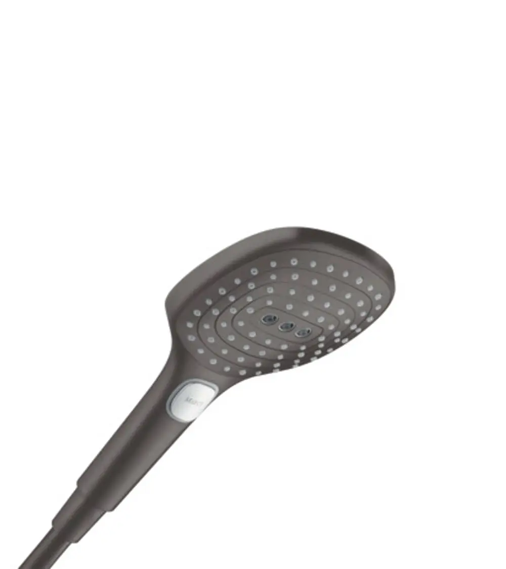 Handbrause mit runder Kopfpartie und mehreren Sprühfunktionen. Farbton in gebürstetem Schwarzchrom. Ausführung von Hansgrohe, funktionale Bauweise.